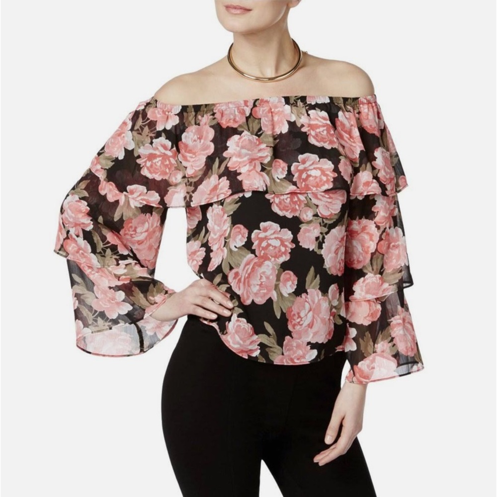 INC Women’s Wonderful Flora Black Tiered Floral Long Sleeve Off Shoulder Top